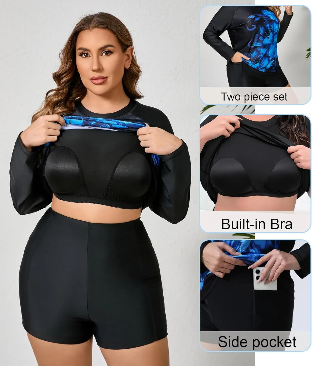Women Plus Size Two Piece Long Sleeve Rash Guard Sets Built in Bra Swim Shirt Top and Shorts with Pockets UPF50 