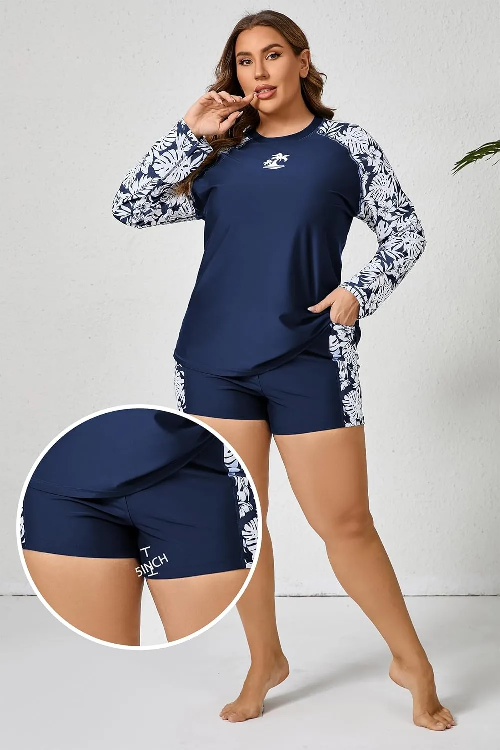Women Plus Size Two Piece Long Sleeve Rash Guard Sets Built in Bra Swim Shirt Top and Shorts with Pockets UPF50 