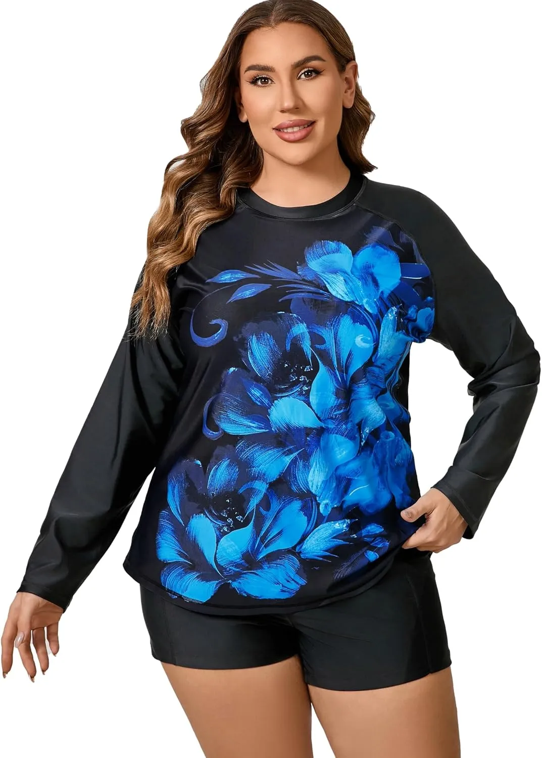 Women Plus Size Two Piece Long Sleeve Rash Guard Sets Built in Bra Swim Shirt Top and Shorts with Pockets UPF50 