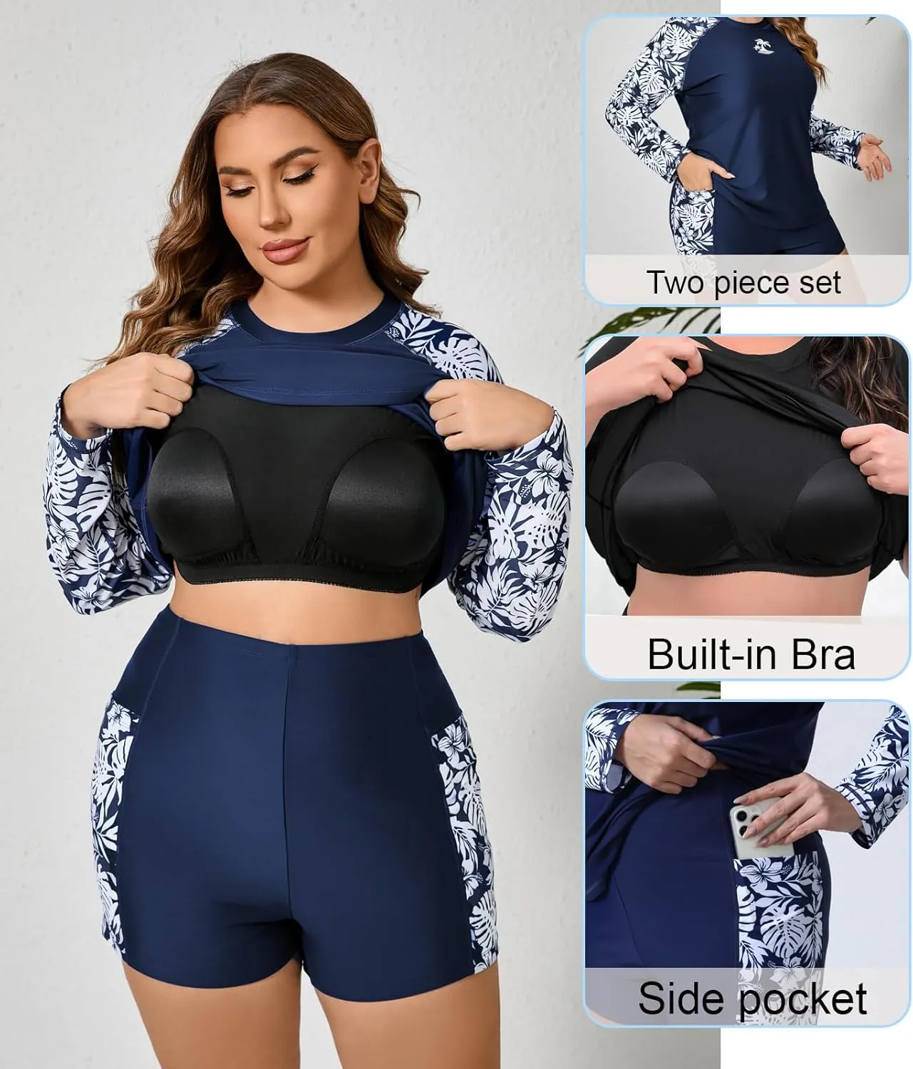 Women Plus Size Two Piece Long Sleeve Rash Guard Sets Built in Bra Swim Shirt Top and Shorts with Pockets UPF50 