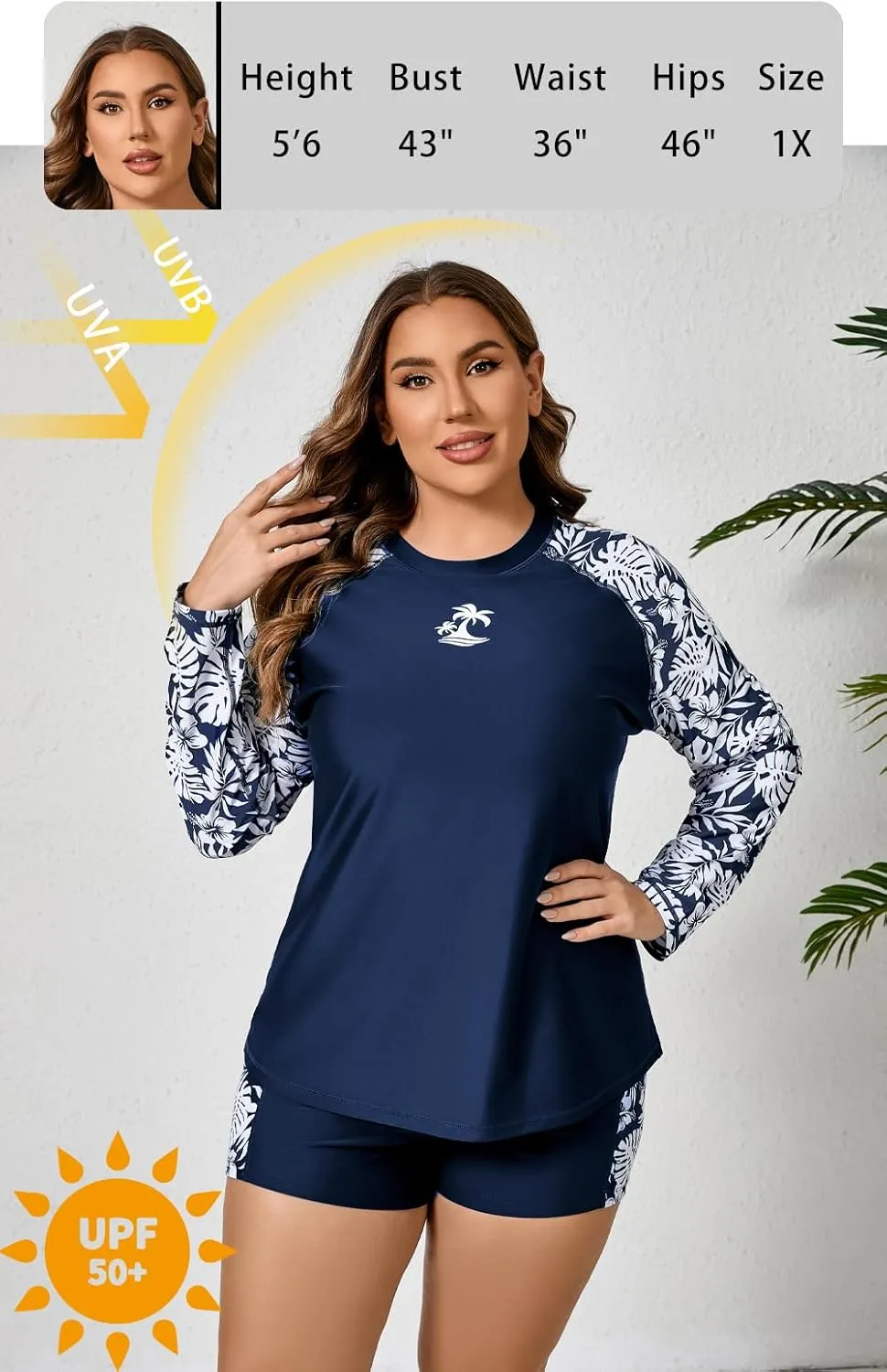 Women Plus Size Two Piece Long Sleeve Rash Guard Sets Built in Bra Swim Shirt Top and Shorts with Pockets UPF50 