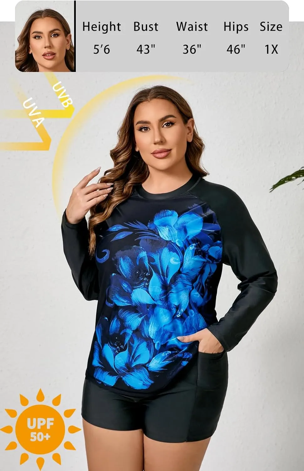 Women Plus Size Two Piece Long Sleeve Rash Guard Sets Built in Bra Swim Shirt Top and Shorts with Pockets UPF50 
