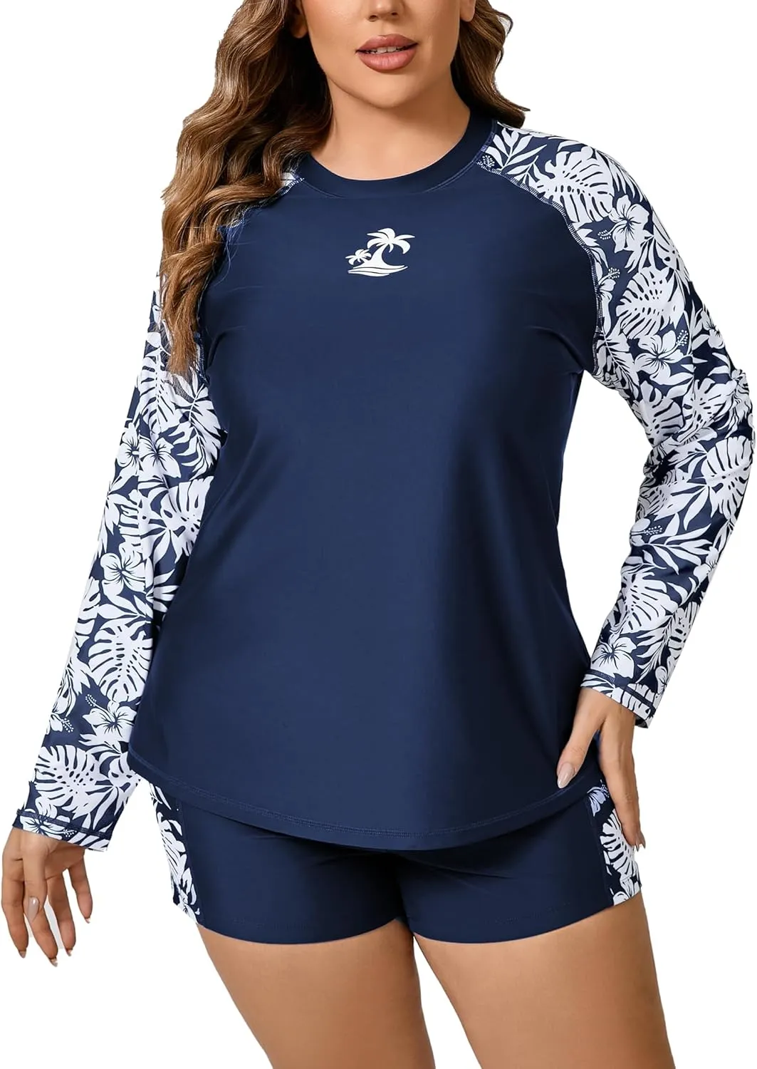 Women Plus Size Two Piece Long Sleeve Rash Guard Sets Built in Bra Swim Shirt Top and Shorts with Pockets UPF50 