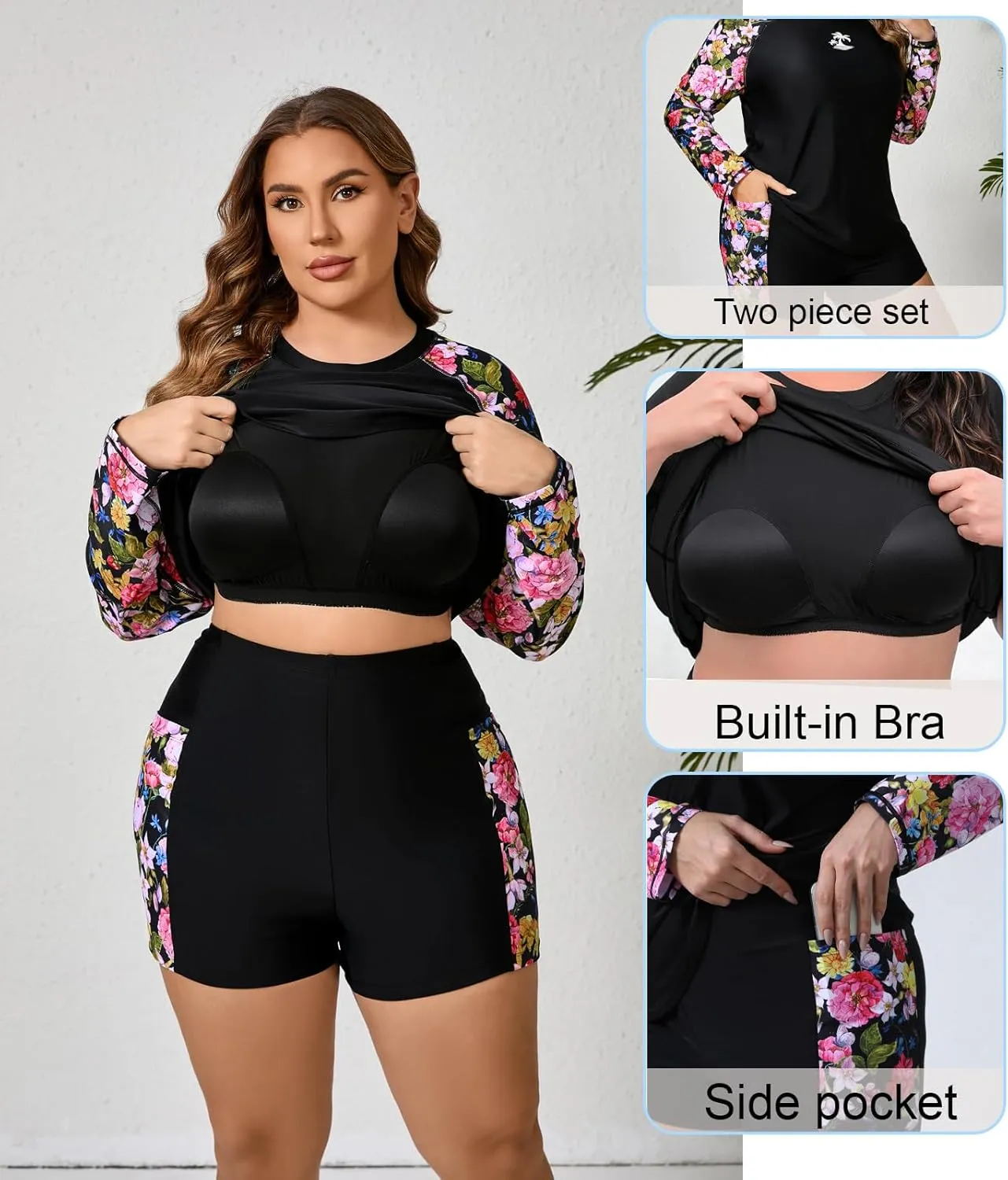 Women Plus Size Two Piece Long Sleeve Rash Guard Sets Built in Bra Swim Shirt Top and Shorts with Pockets UPF50 