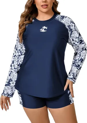 Women Plus Size Two Piece Long Sleeve Rash Guard Sets Built in Bra Swim Shirt Top and Shorts with Pockets UPF50 