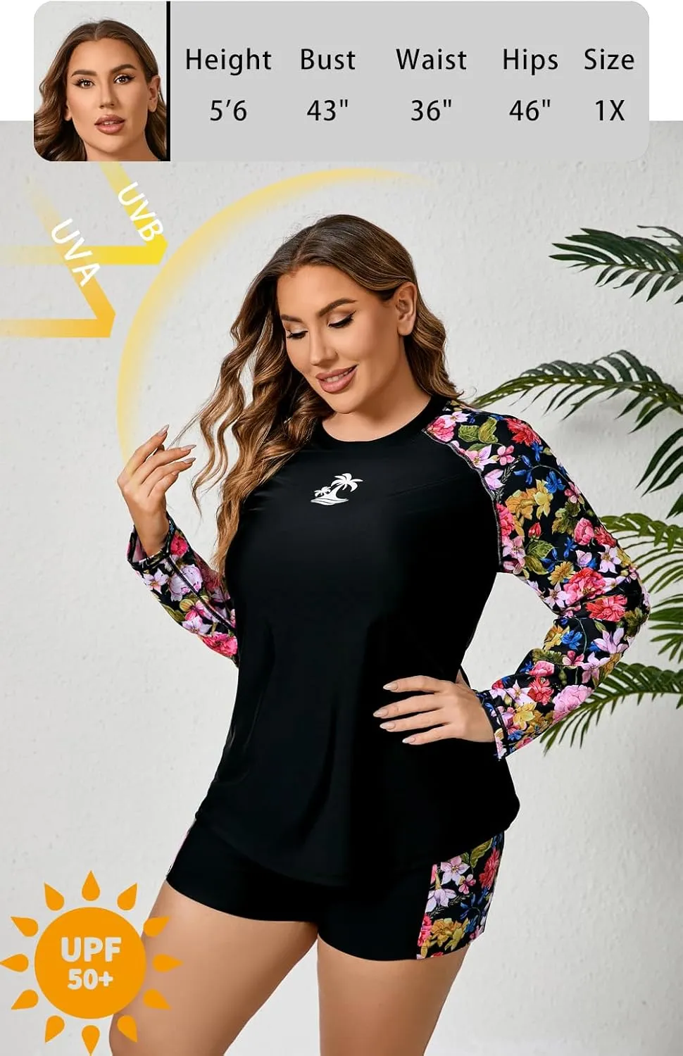 Women Plus Size Two Piece Long Sleeve Rash Guard Sets Built in Bra Swim Shirt Top and Shorts with Pockets UPF50 
