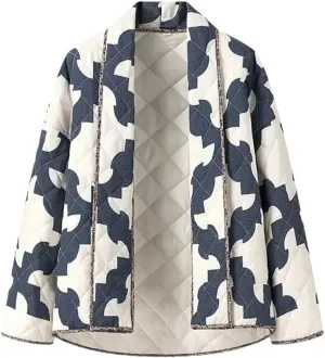 Women Print Parkas Shawl Collar Open Front Oversize Quilted Cotton Padded Jacket Loose Coat