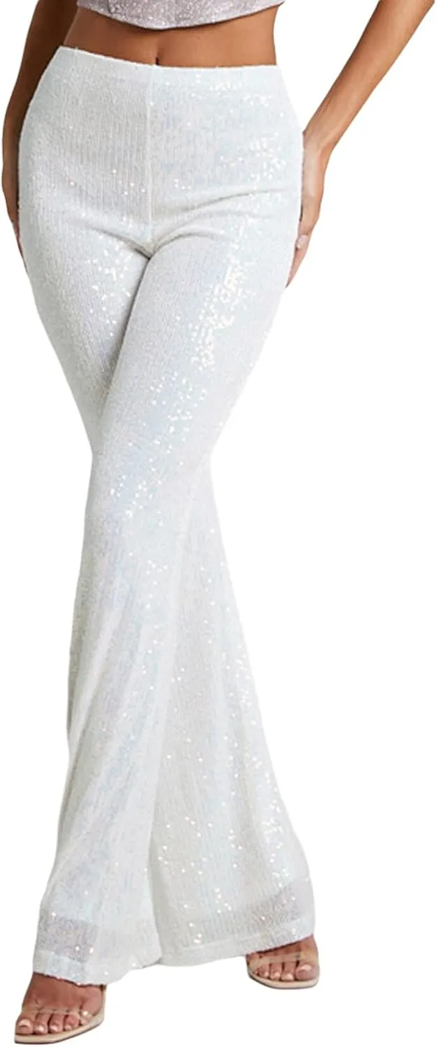 Women Sequin Pants Sparkly Glitter High Waist Shiny Bottoms Casual Fashion Club Party Trousers Holiday Outfits