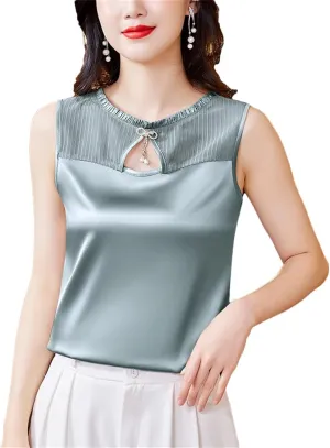 Women Silk Satin Tank Top Sleeveless Casual Crew Neck Blouses Summer Hollow Out Camisole