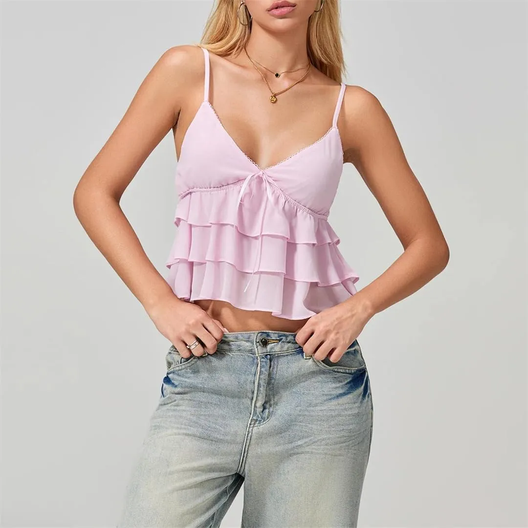 Women Skinny Crop Tops Camisoles V-Neck Ruffles Backless Tops Y2K Spaghetti Strap Sleeveless Vests