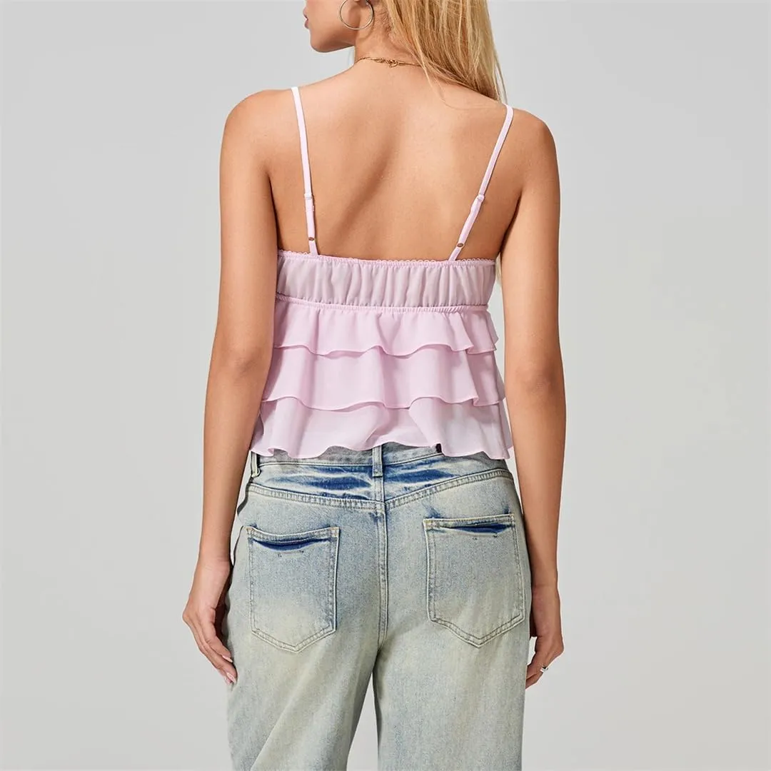 Women Skinny Crop Tops Camisoles V-Neck Ruffles Backless Tops Y2K Spaghetti Strap Sleeveless Vests