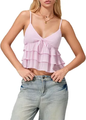Women Skinny Crop Tops Camisoles V-Neck Ruffles Backless Tops Y2K Spaghetti Strap Sleeveless Vests