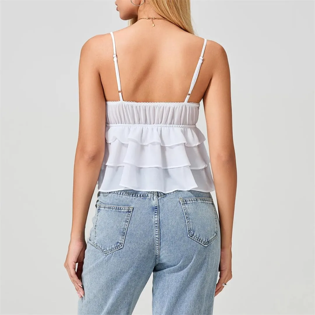 Women Skinny Crop Tops Camisoles V-Neck Ruffles Backless Tops Y2K Spaghetti Strap Sleeveless Vests