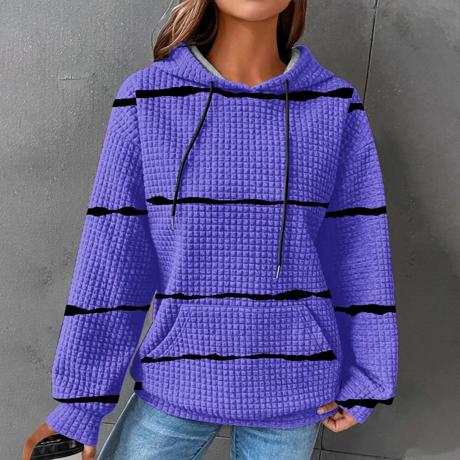 Women Striped Oversized Hoodies Long Sleeve Color Block Sweatshirt Drawstring Pullover Waffle Knit Tops Fall Outfits