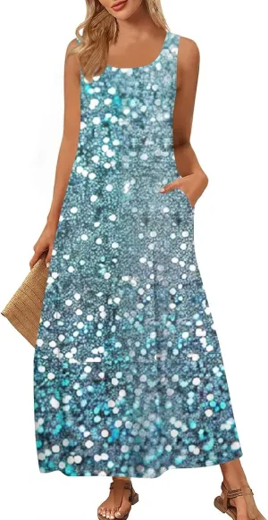 Women Summer Dresses 2025 Casual Round Neck Maxi Dress Sleeveless Floral Sundresses Beach Loose Tank Dress with Pockets