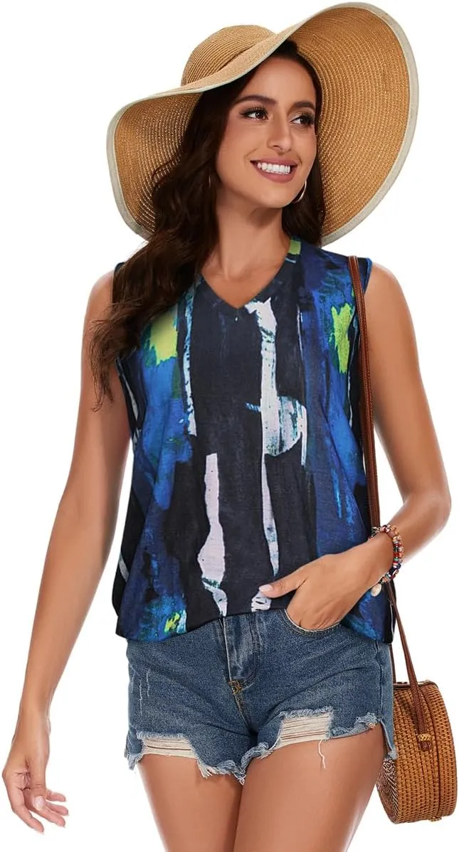 Women Summer Tops Sleeveless V Neck Tshirt Casual Loose Fit Tank Tunic Blouses