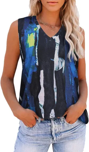 Women Summer Tops Sleeveless V Neck Tshirt Casual Loose Fit Tank Tunic Blouses