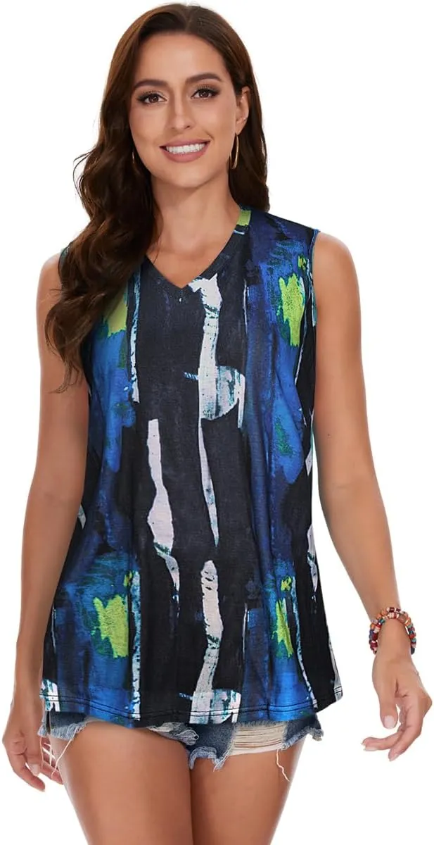 Women Summer Tops Sleeveless V Neck Tshirt Casual Loose Fit Tank Tunic Blouses