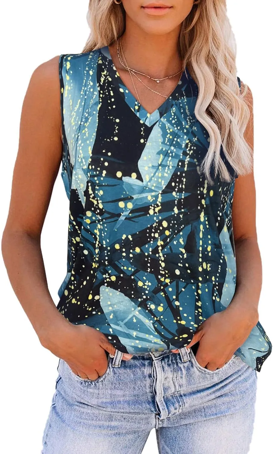 Women Summer Tops Sleeveless V Neck Tshirt Casual Loose Fit Tank Tunic Blouses