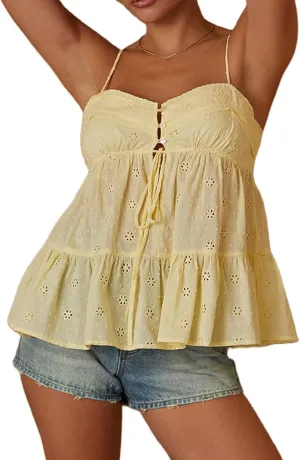 Women Teens Y2k Babydoll Tops Spaghetti Strap Eyelet Embroidery Tank Top Summer Ruffle Flowy Camisole Streetwear