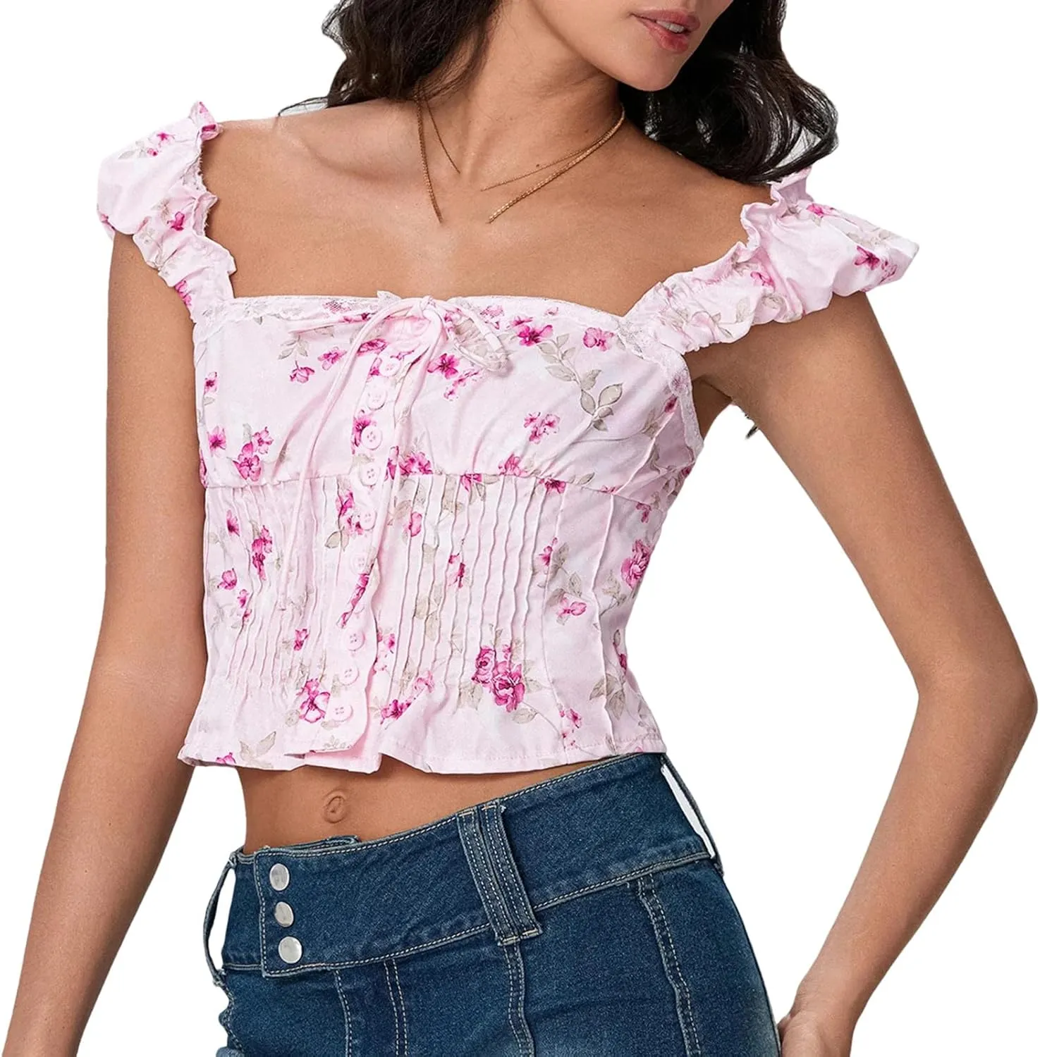 Women Tie-Up Lace Crop Tops Sleeveless Camisole Floral Square Neck Blouses