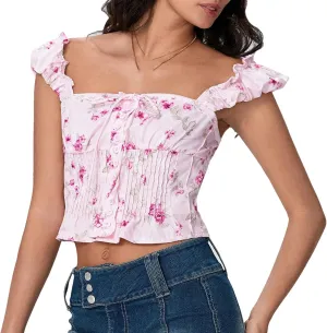 Women Tie-Up Lace Crop Tops Sleeveless Camisole Floral Square Neck Blouses