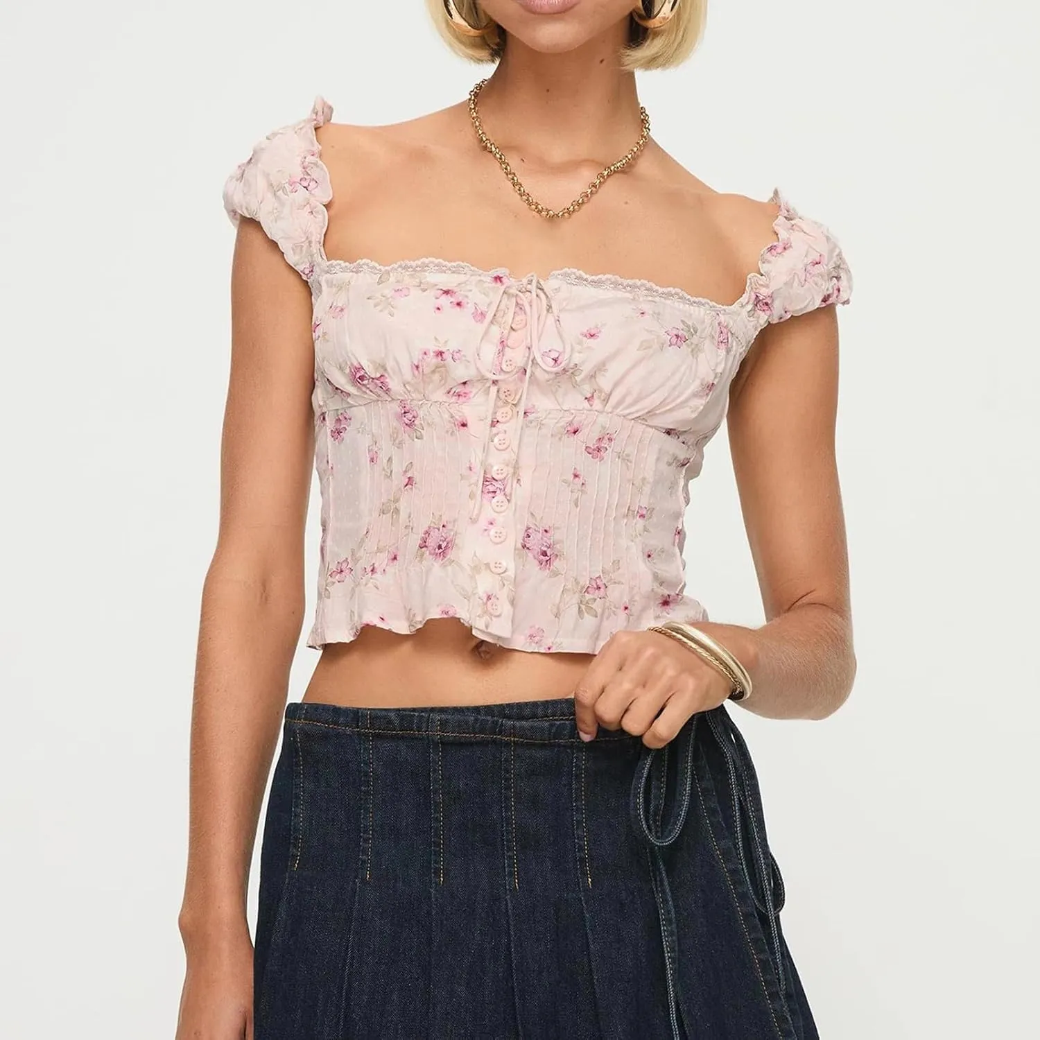 Women Tie-Up Lace Crop Tops Sleeveless Camisole Floral Square Neck Blouses