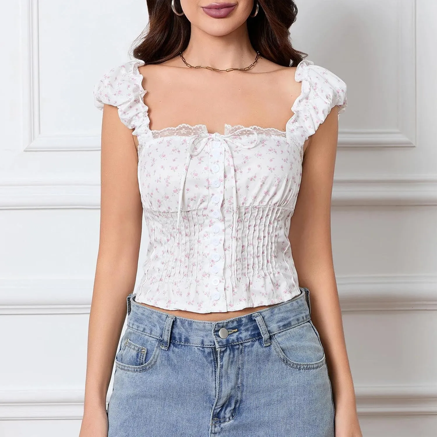 Women Tie-Up Lace Crop Tops Sleeveless Camisole Floral Square Neck Blouses