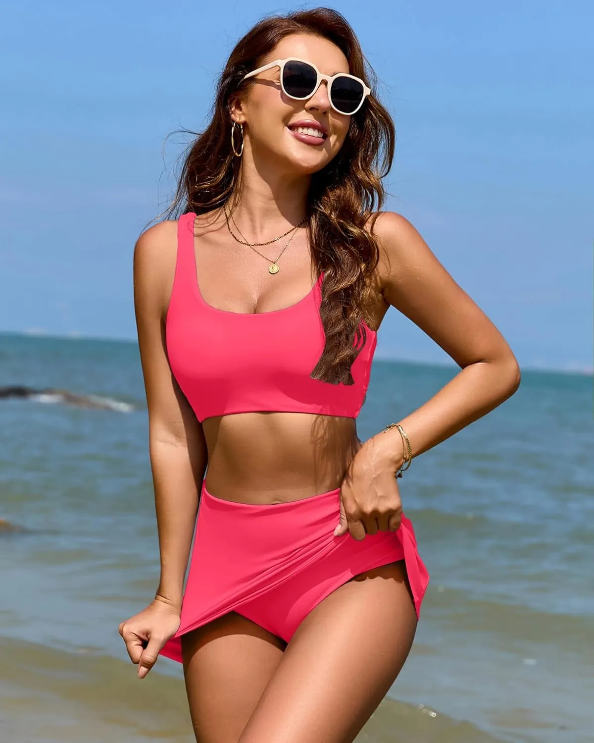 Women Two Piece Swimsuit with Skirt High Waisted Bikini Set Tummy Control Bathing Suit Full Coverage Swim Dress