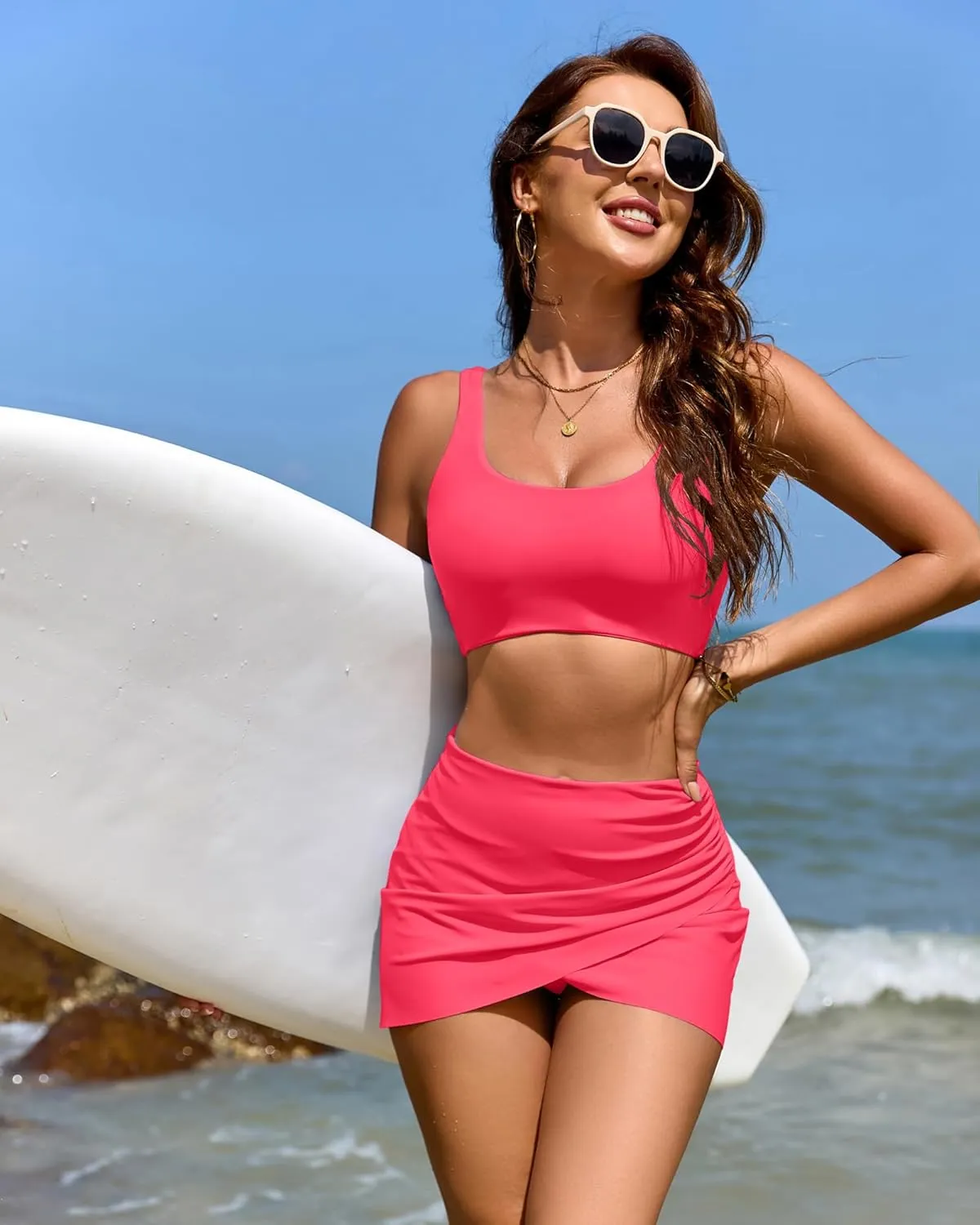 Women Two Piece Swimsuit with Skirt High Waisted Bikini Set Tummy Control Bathing Suit Full Coverage Swim Dress