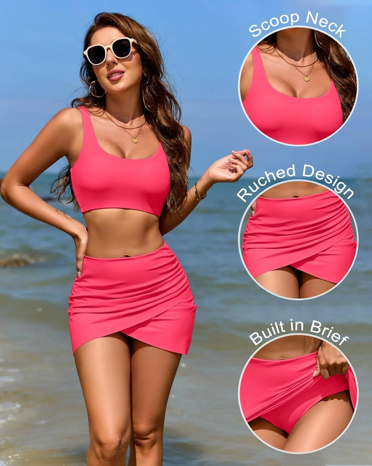 Women Two Piece Swimsuit with Skirt High Waisted Bikini Set Tummy Control Bathing Suit Full Coverage Swim Dress