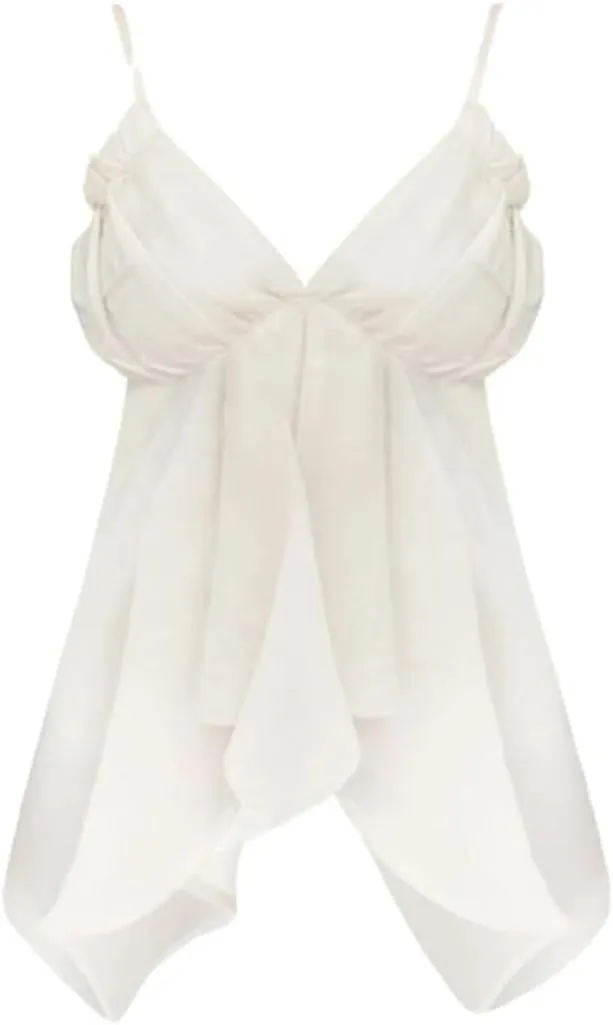 Women Vintage Chiffon Camisole White V-Neck Flowy Sleeveless Shirts Backless Crop Tops
