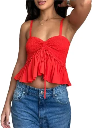 Women Y2K Babydoll Peplum Cami Shirt Spaghetti Strap V Neck Ruffle Hem Camisole Sleeveless Tops