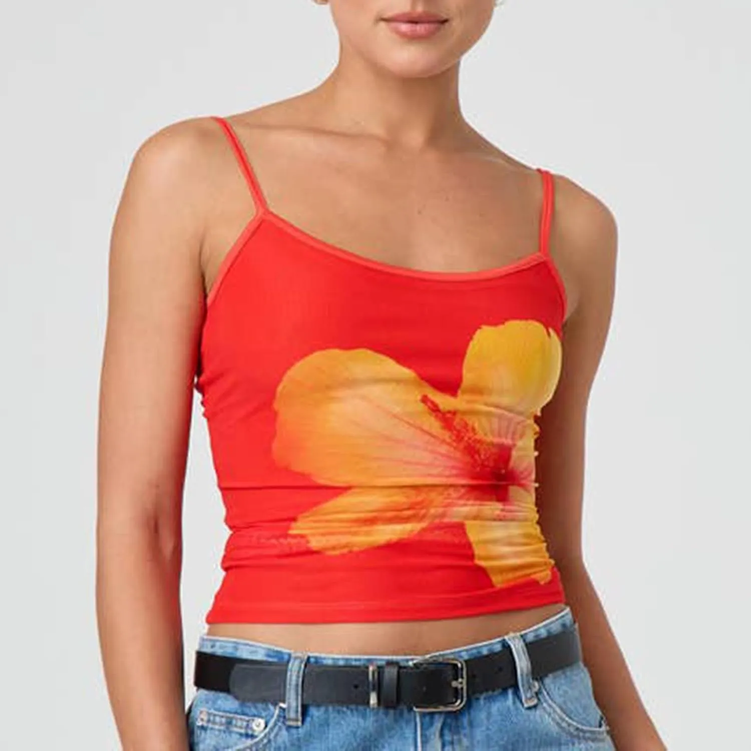 Women Y2K Floral Print Tank Tops Spaghetti Strap Slim Fit Crop Camisole Vintage Aesthetic Sleeveless Tops Streetwear