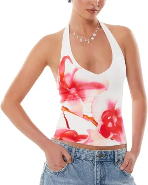 Women Y2K Floral Print Tank Tops Spaghetti Strap Slim Fit Crop Camisole Vintage Aesthetic Sleeveless Tops Streetwear