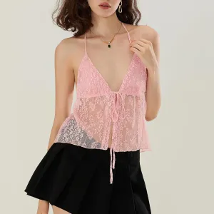 Women Y2k Lace Halter Tops Sexy Tie Front V-Neck Going Out Tank Crop Cute Trendy Backless Flowy Cami Shirt