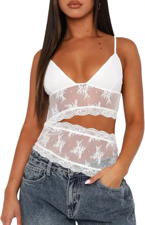 Women Y2k Lace Trim Tank Crop Tops Going Out Spaghetti Strap Lace Camisole Slim Fit Basic Cami Shirts Streetwear