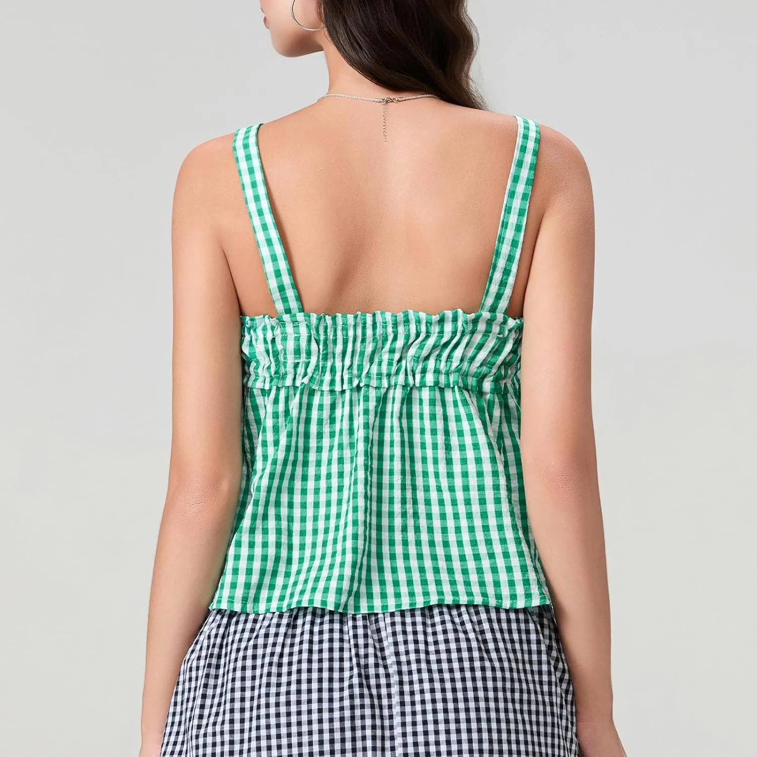 Women Y2K Plaid Tank Tops Sleeveless Spaghetti Strap Tie Front Gingham Peplum Shirts Ruffle Hem Camisole Top Streetwear