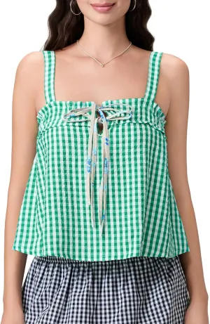 Women Y2K Plaid Tank Tops Sleeveless Spaghetti Strap Tie Front Gingham Peplum Shirts Ruffle Hem Camisole Top Streetwear