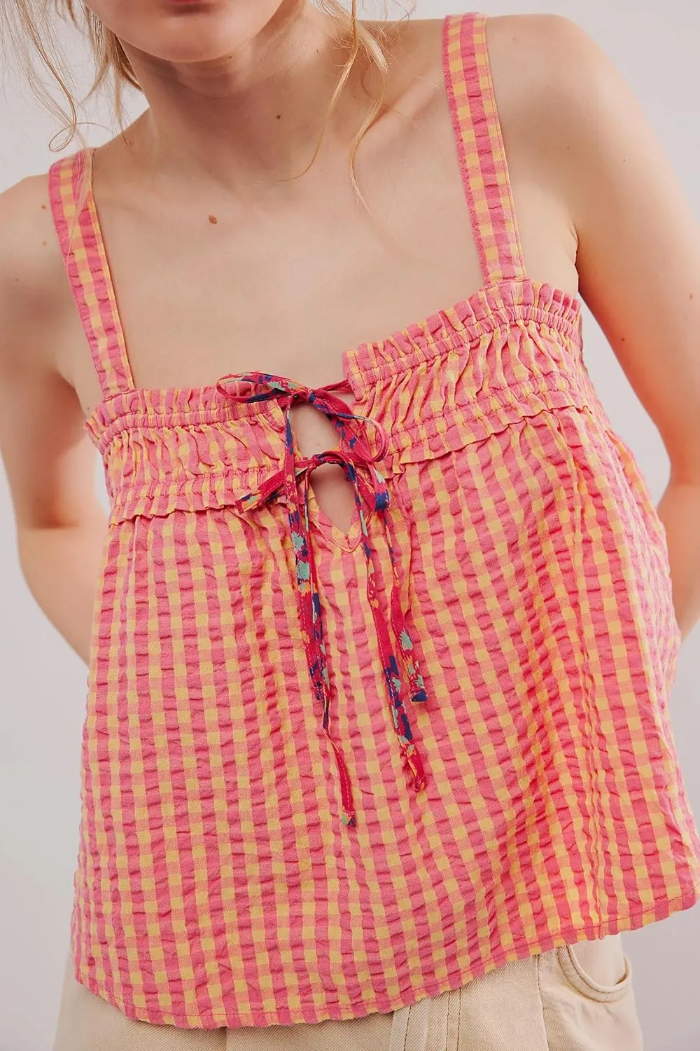 Women Y2K Tie Front Gingham Crop Tank Tops Square Neck Sleeveless Plaid Camisoles Summer Cute Backless Shirred Vest Shirt