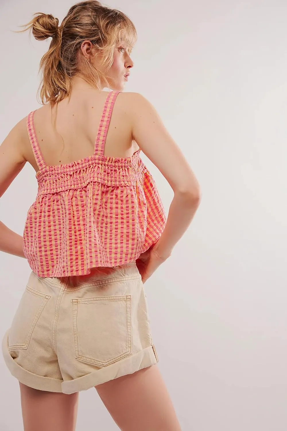 Women Y2K Tie Front Gingham Crop Tank Tops Square Neck Sleeveless Plaid Camisoles Summer Cute Backless Shirred Vest Shirt