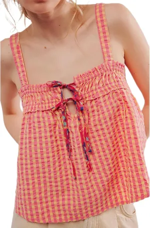 Women Y2K Tie Front Gingham Crop Tank Tops Square Neck Sleeveless Plaid Camisoles Summer Cute Backless Shirred Vest Shirt