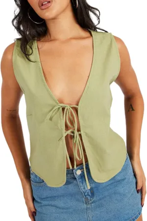 Women Y2K Tie Front Tank Tops Plaid Print Sleeveless V Neck Bow Tie Vest Tops Open Front Lace Up Tank Tops Streetwear