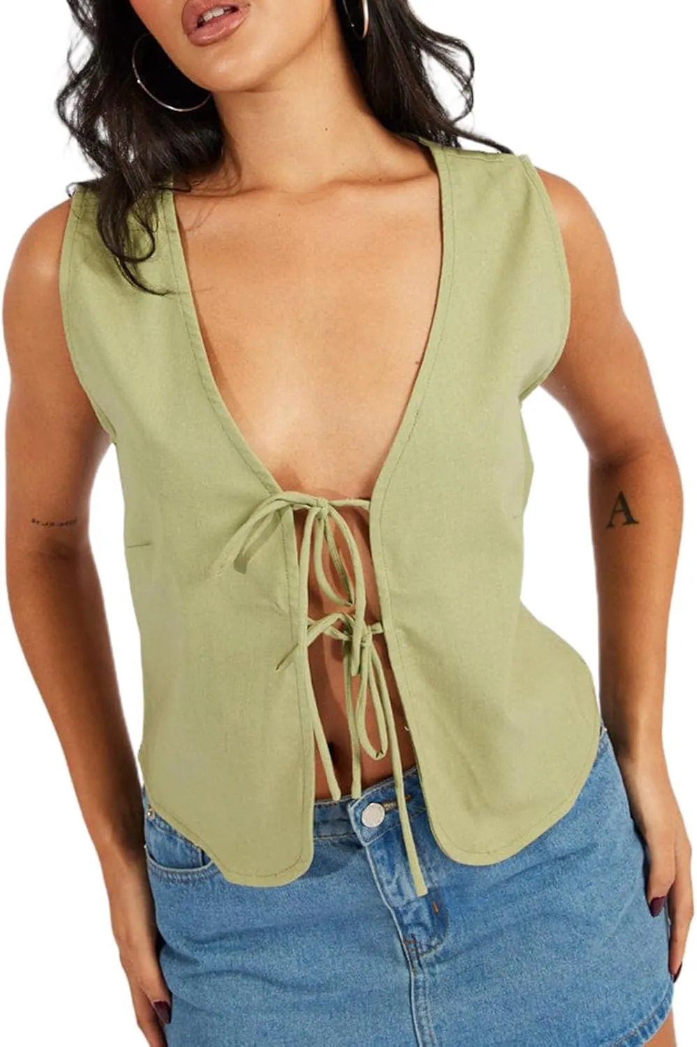 Women Y2K Tie Front Tank Tops Plaid Print Sleeveless V Neck Bow Tie Vest Tops Open Front Lace Up Tank Tops Streetwear