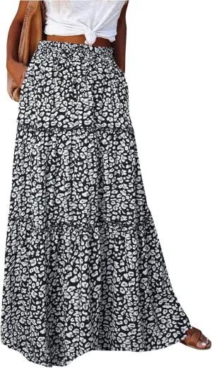 Womens 2025 Summer Boho Floral Maxi Skirt High Waist Casual Elastic Waist Flowy Pleated A Line Skirts with Pockets