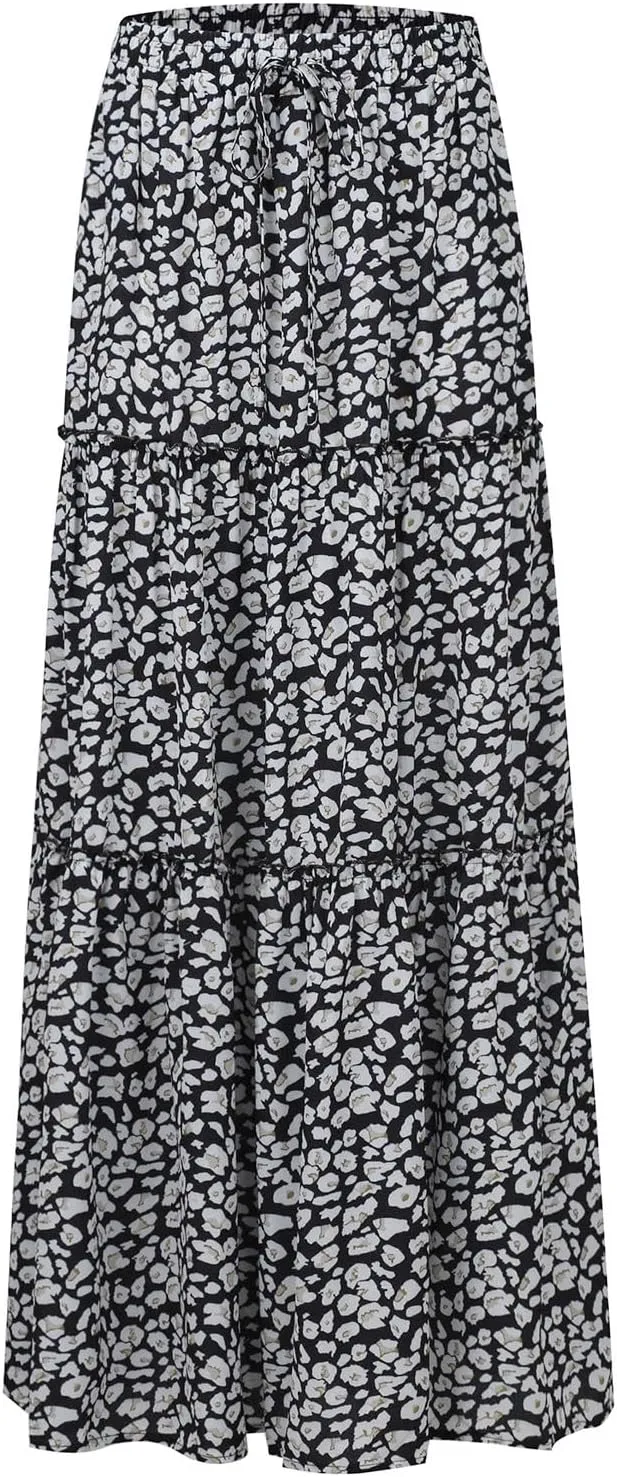 Womens 2025 Summer Boho Floral Maxi Skirt High Waist Casual Elastic Waist Flowy Pleated A Line Skirts with Pockets