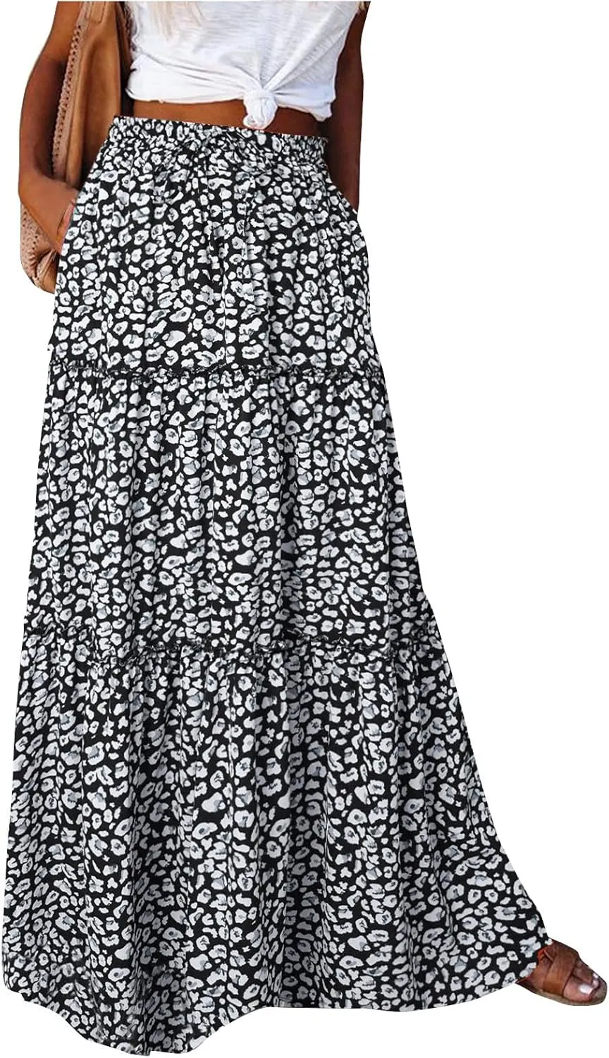 Womens 2025 Summer Boho Floral Maxi Skirt High Waist Casual Elastic Waist Flowy Pleated A Line Skirts with Pockets