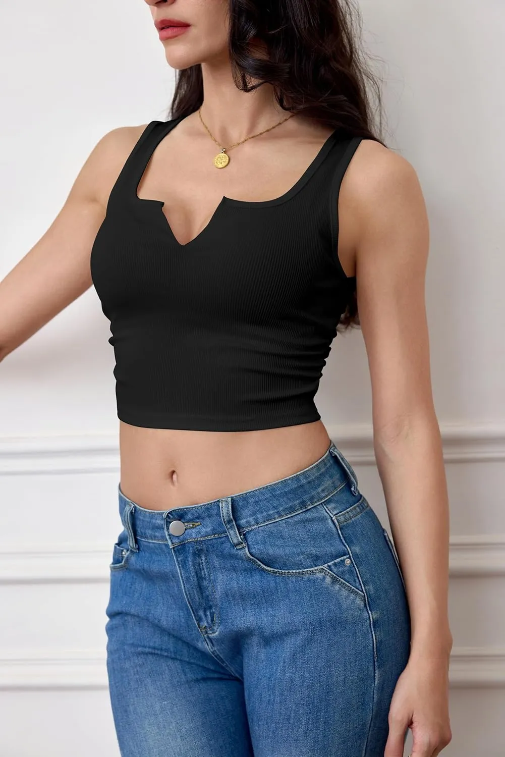 Women's Basic Sleeveless V Neck Tank Tops Ribbed Knit Fitted Crop Tops Casual Workout Top
