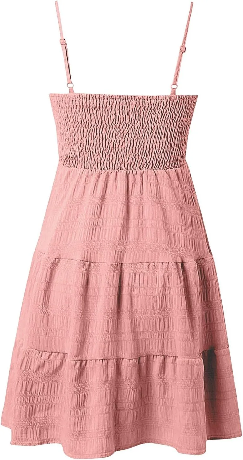 Women's Beach Wedding Guest Dress Spaghetti Strap Ruffle Tiered Mini Sundress Beach Party Homecoming,S-2XL