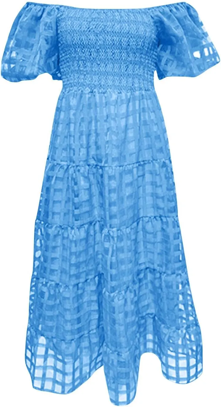 Womens Bohemian Dresses Summer Casual Off Shoulder Puff Sleeve Midi Boho Dress Tiered Ruffle Sundress Vacation Outfit